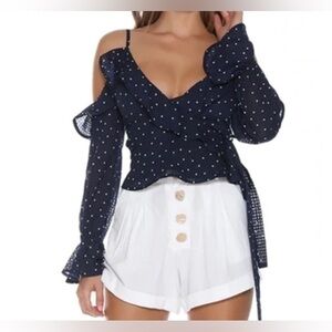 navy blue polka dot wrap top ruffled size S